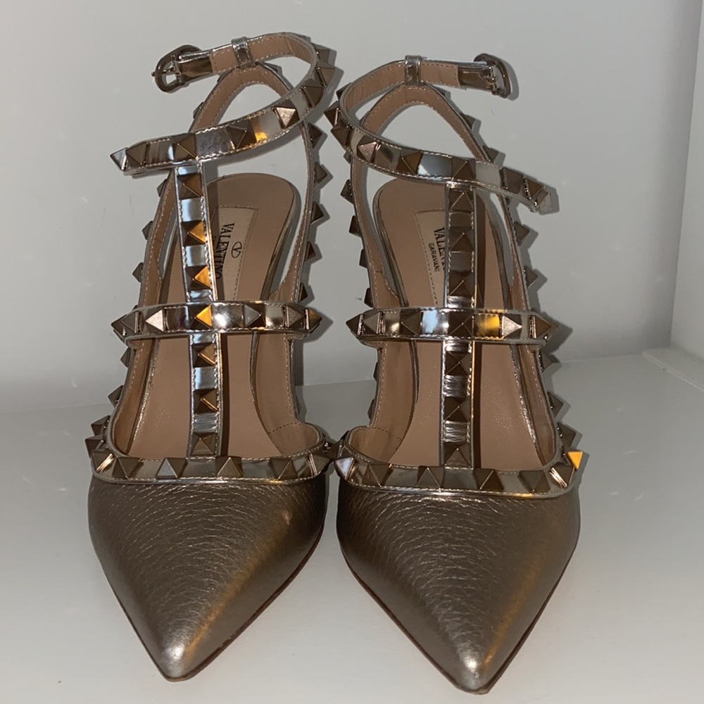Metallic Champagne Valentino Rockstud Caged Pumps